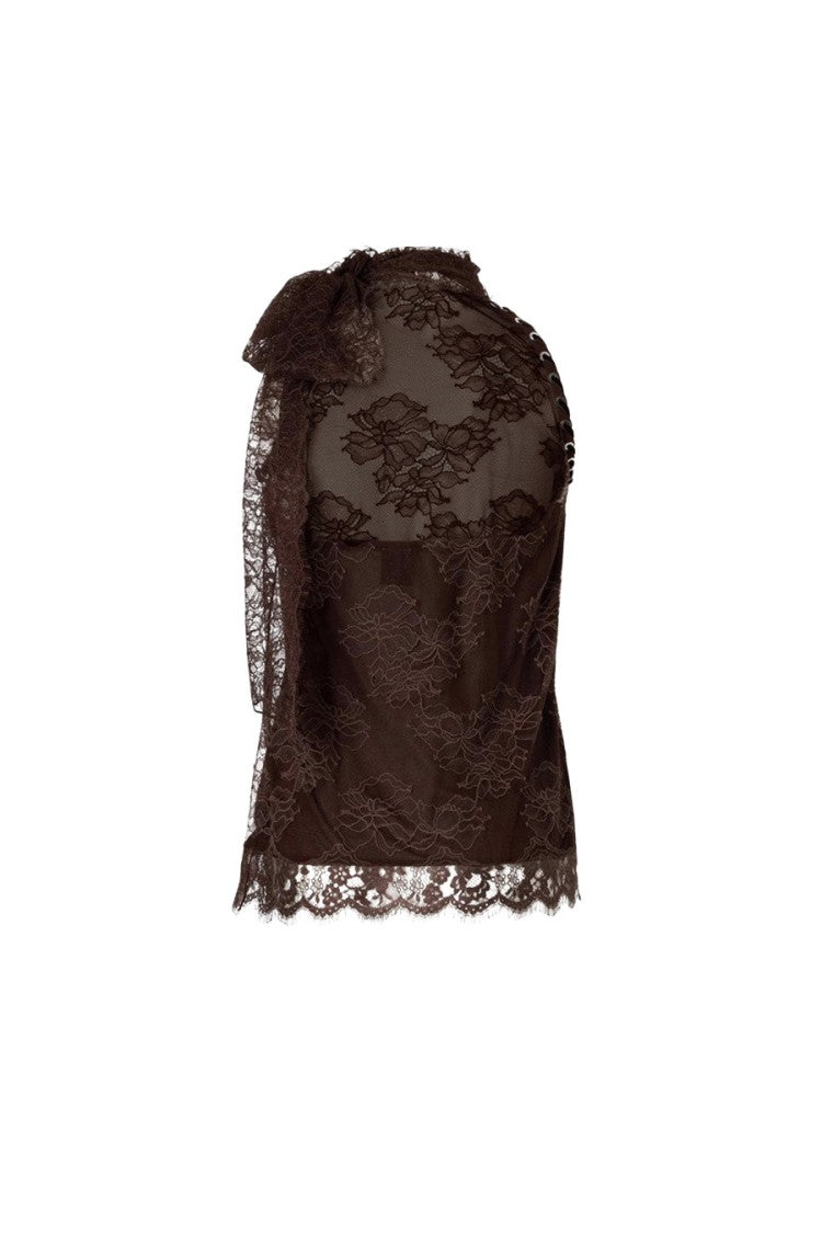 Pinko Brown Nylon Lace Cowl-Neck Top
