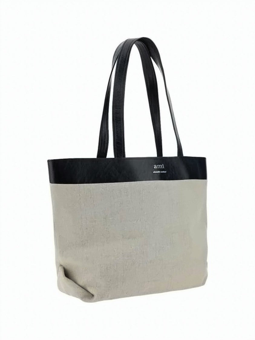 Ami Paris Spacious Tote Bag With Smooth Leather Trim