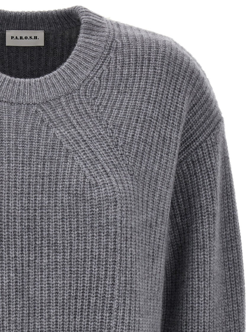 P.A.R.O.S.H. Ribbed Grey Cashmere Crewneck Sweater With Long Sleeves