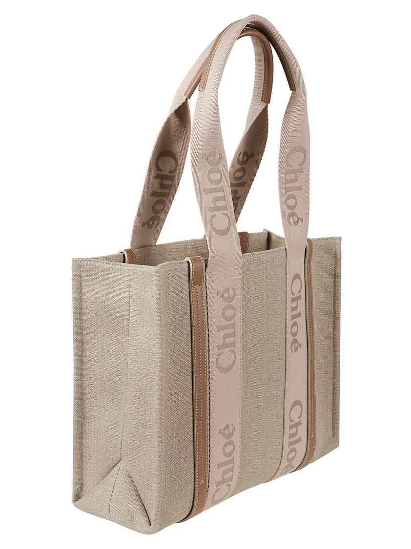 Chloé Rectangular Linen Tote Bag With Leather Accents