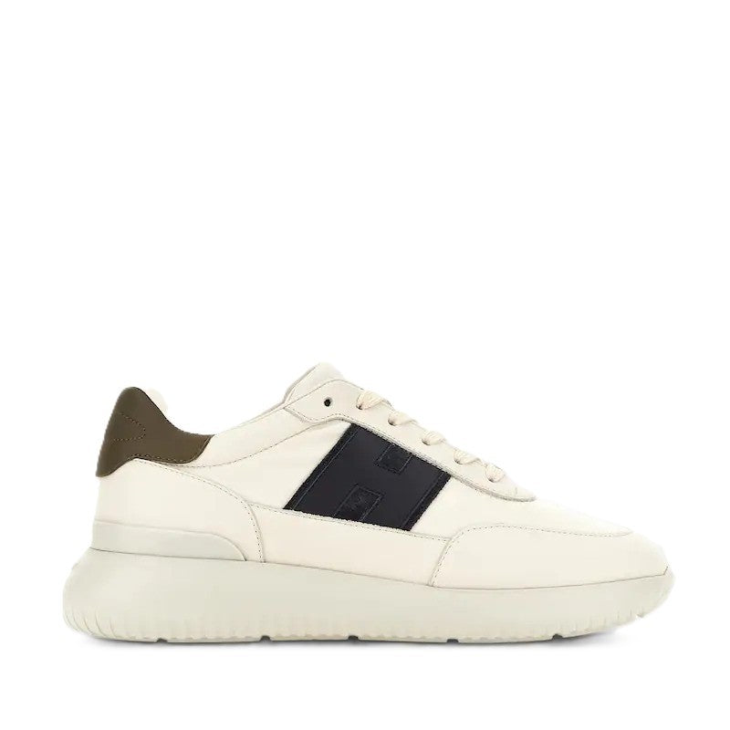 Hogan Off-White Black Logo Olive Heel Tab Low-Top Sneakers