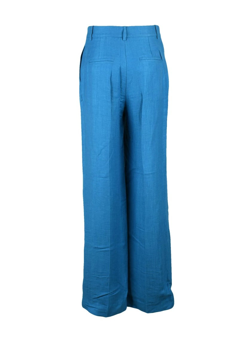Kaos Turquoise Wide-Leg Viscose Linen Pants With High Waist And Textured Finish