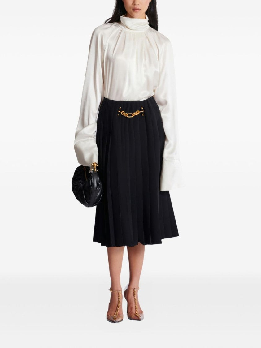 Balmain High-Neck White Top With Gathered Draped Front