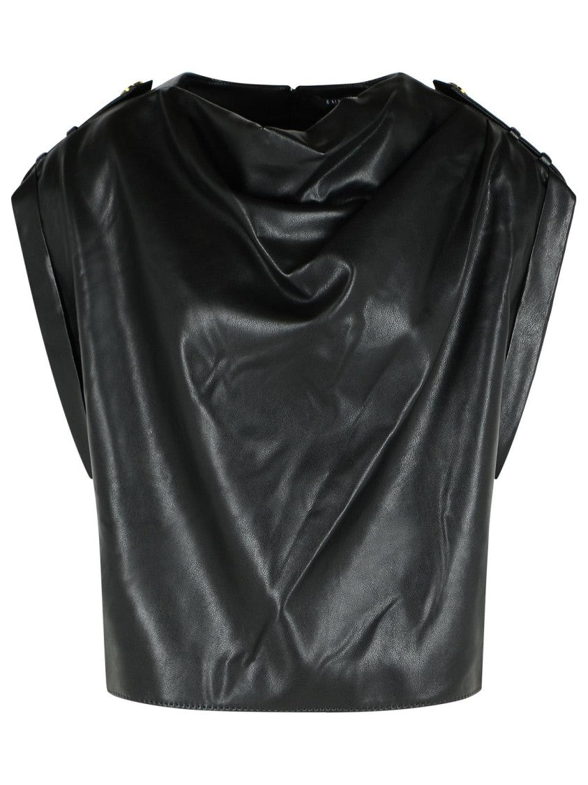 Balmain Draped Top In Black Eco-Leather
