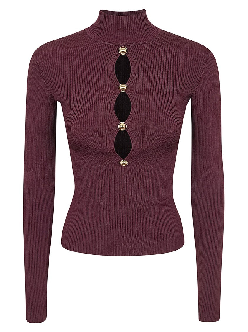 Self-Portrait Slim-Fit Burgundy Ribbed Knit Top With Keyhole Cutouts