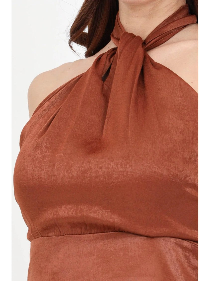 Akep Brown Viscose-Blend Sleeveless Halter Crop Top