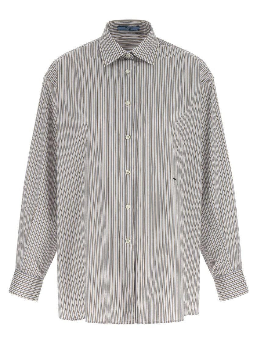 Prada Neutral Striped Cotton Poplin Shirt With Logo Embroidery