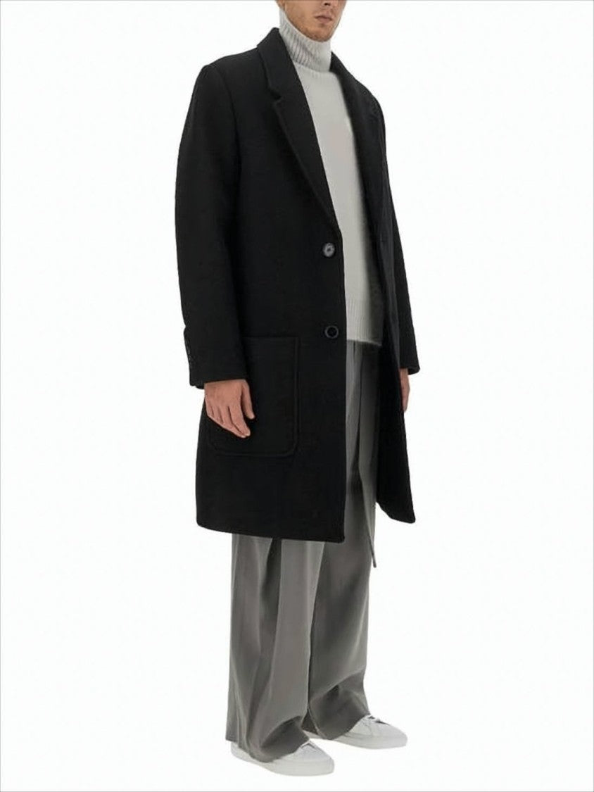 Ami Classic Black Wool Ami Coat With Notched Lapel