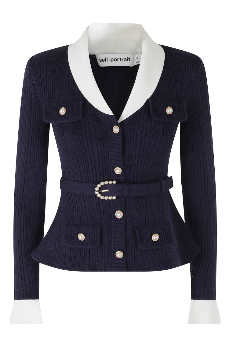 Self-Portrait Navy Ribbed Jeweled Button V-Neck Cardigan