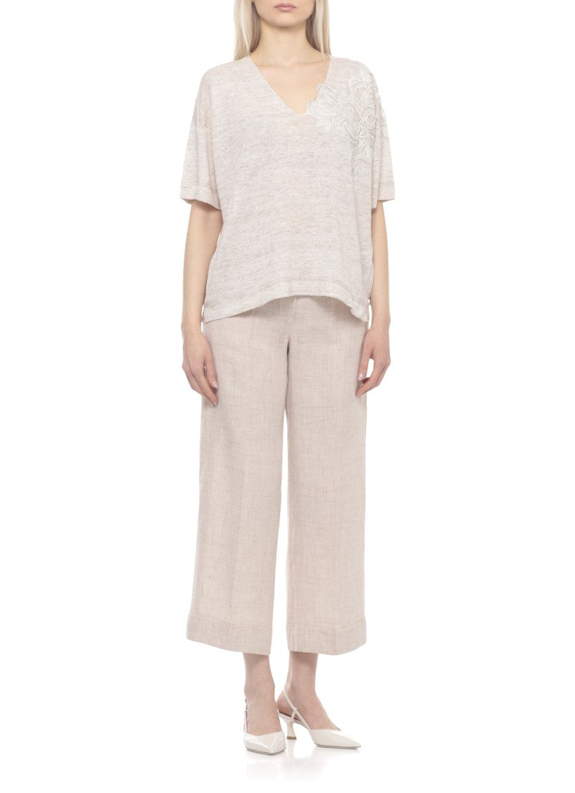 D. Exterior Beige Lace Linen-Blend V-Neck Short-Sleeved Top