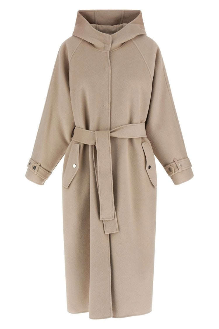 Pinko Beige Hooded Inset Pocket Wool-Blend Coat