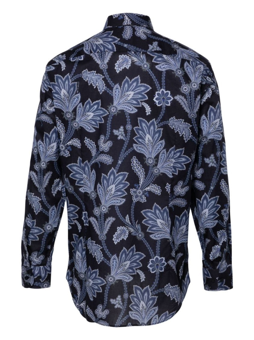 Etro Midnight Blue Floral Print Casual Shirt With Classic Collar