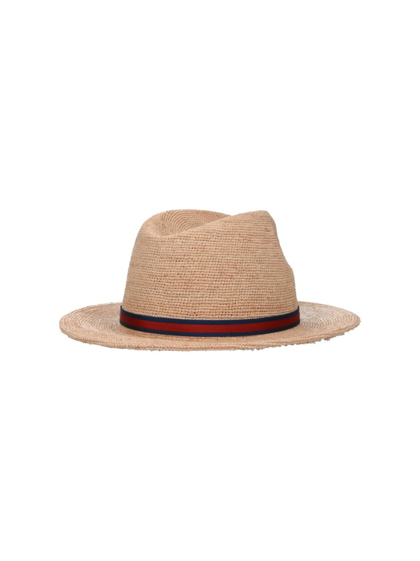 Borsalino Beige Raffia Fedora Ribbon Hat