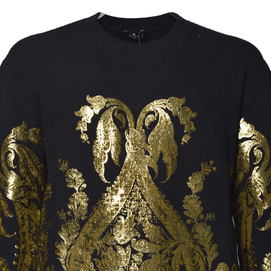 Etro Black Wool Crewneck Sweater With Laminated Print