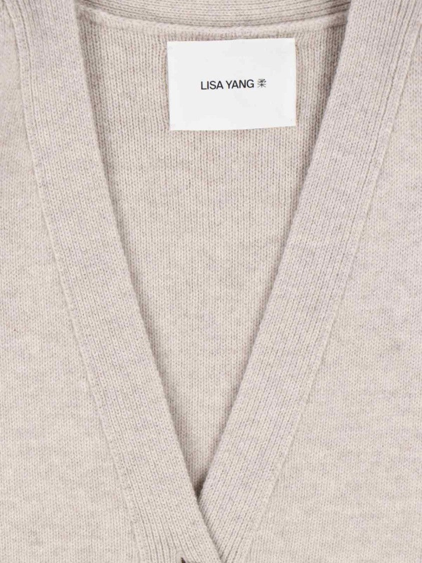 Lisa Yang Soft Beige Knit Cardigan With V-Neckline And Button Closure