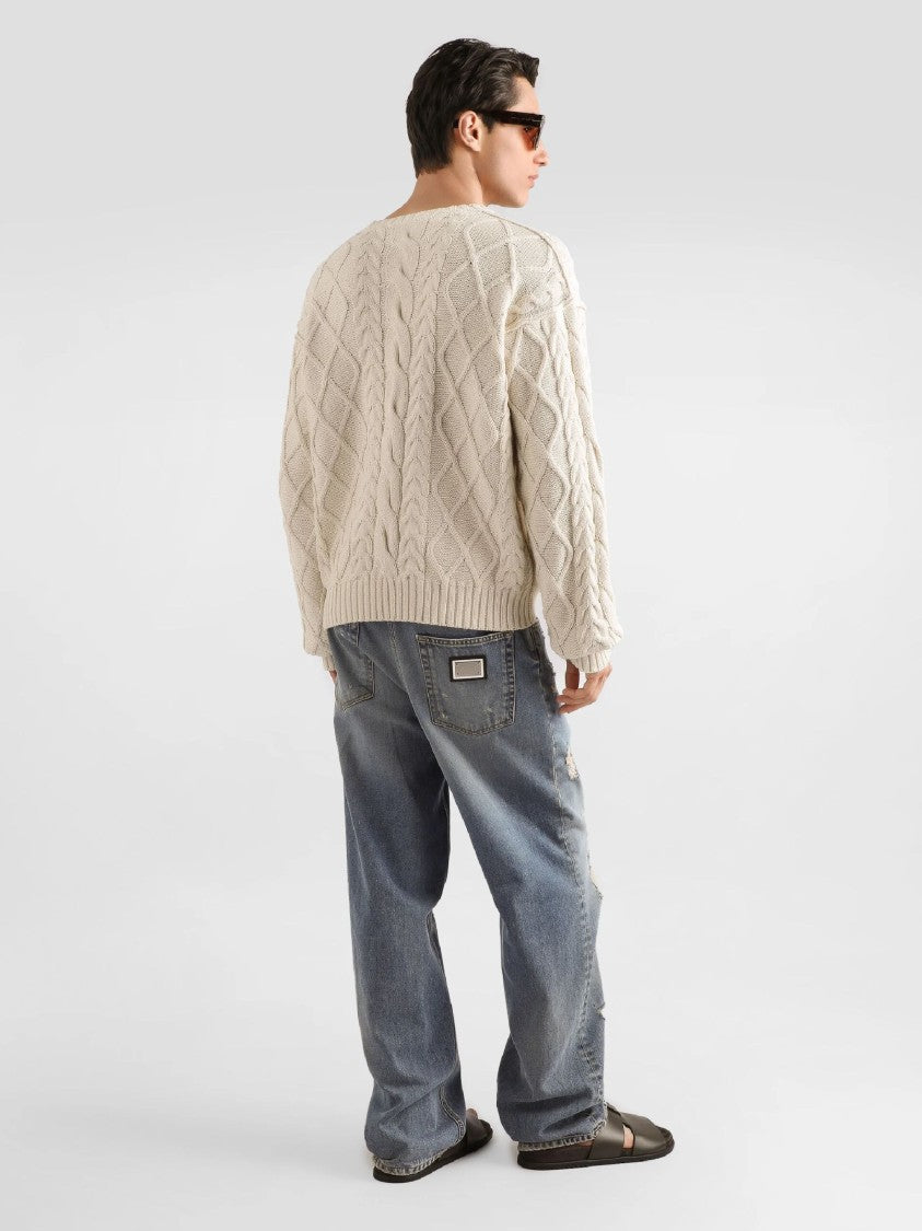 Dolce & Gabbana Beige Cable Knit Logo Sweater