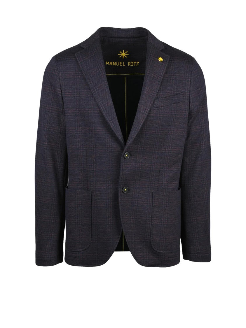 Manuel Ritz Blue/Brown Checkered Unlined Cotton-Blend Jacket