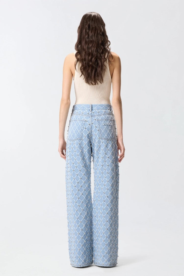 Pinko Blue Wanda Diamond-Lattice Crystal Cotton Wide-Leg Jeans