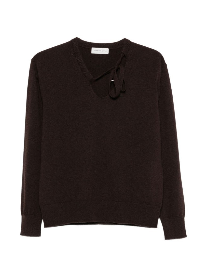 Dries Van Noten Dark Brown Ruffled V-Neck Knit Sweater