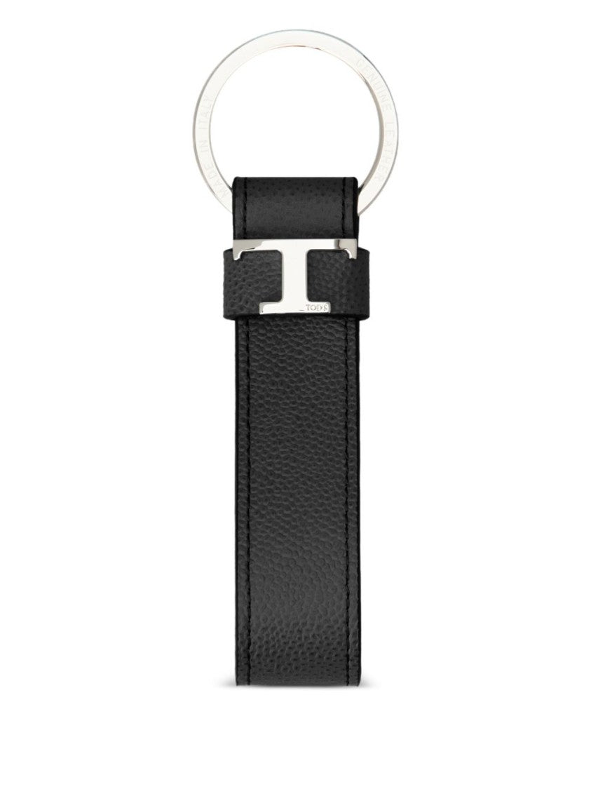 Tod's Minimalist Black Leather Keychain With Silver-Tone Logo
