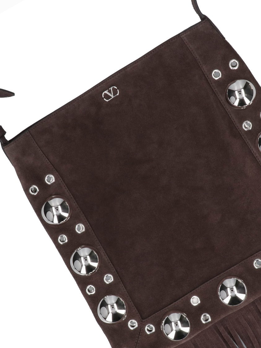 Valentino Garavani Fringe Detail Brown Suede Shoulder Bag