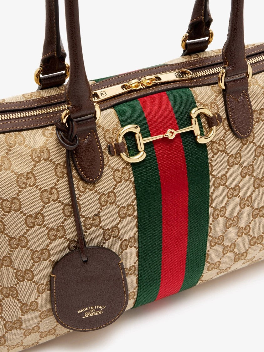 Gucci Beige Monogram Canvas Horsebit Handbag With Elegant Stripe Detail