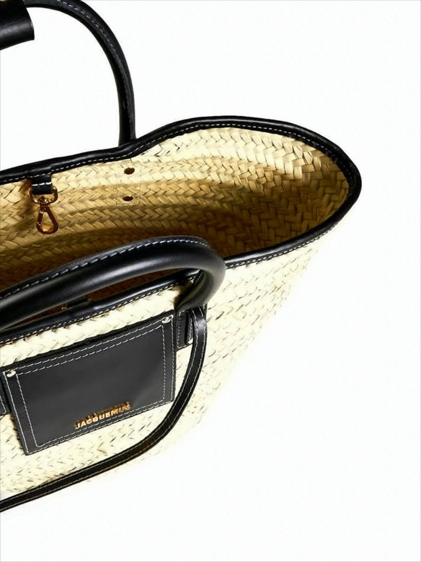 Jacquemus Trapezoidal Woven Straw Tote Bag With Leather Accents