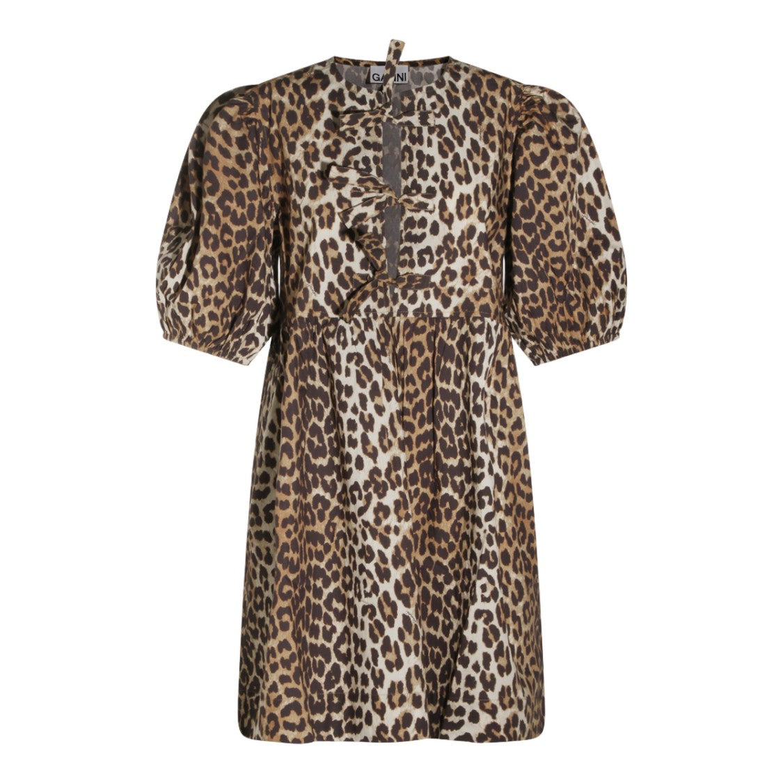 Ganni Leopard Print Mini Dress With Puff Sleeves