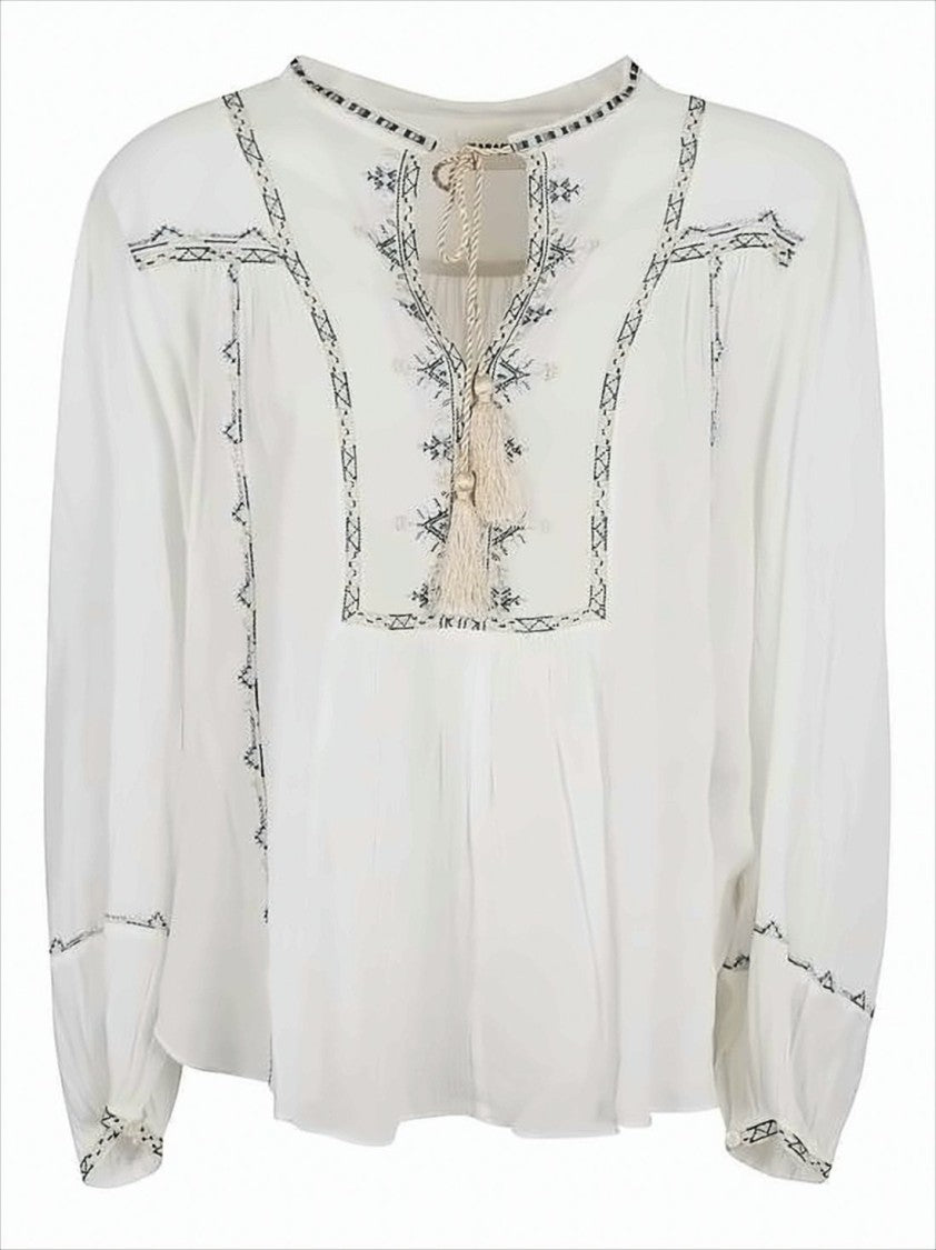 Isabel Marant Relaxed-Fit White Shirt With Embroidery And Tassel Tie