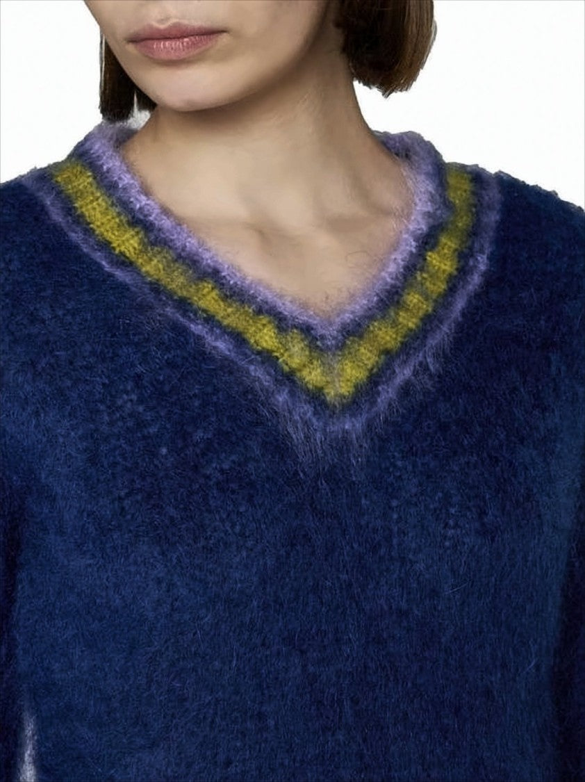 Marni Cropped Fuzzy Sweater With V-Neckline And Contrasting Trim