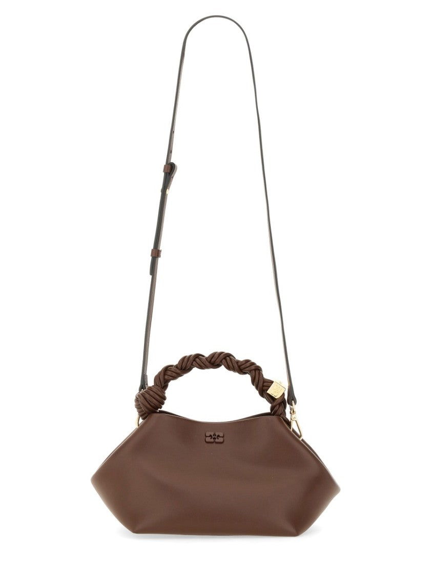 Ganni Sculptural Brown Handbag With Twisted Handle And Detachable Strap