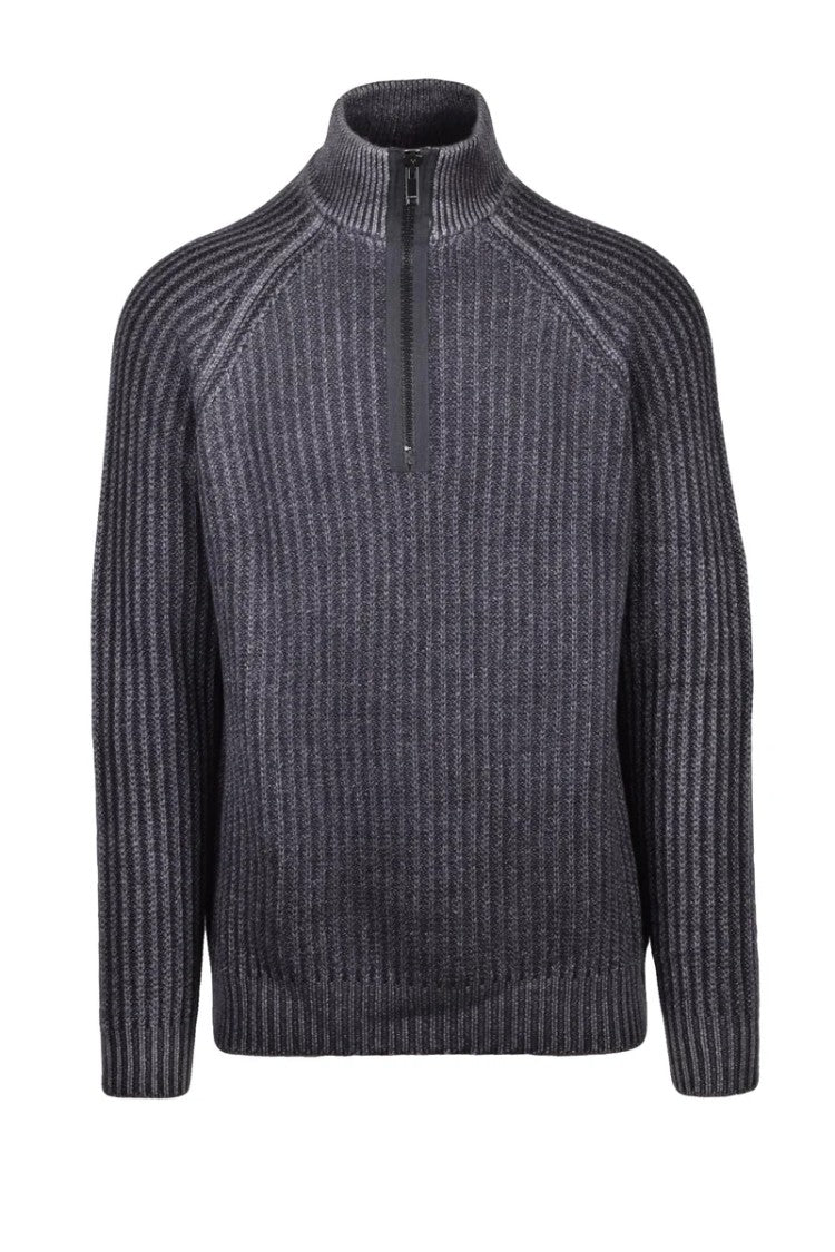 Dondup Wool Zip Mock Neck Sweater - Black/Grey