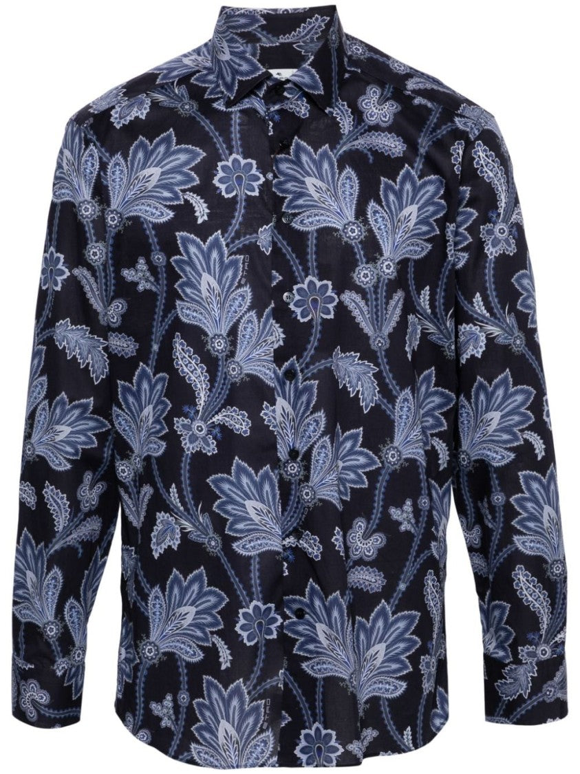 Etro Midnight Blue Floral Print Casual Shirt With Classic Collar