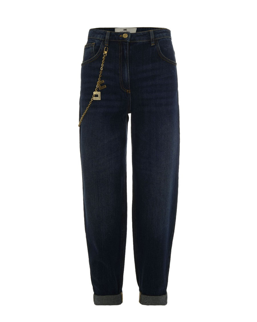 Elisabetta Franchi Blue Jeans With Jewel Chain Detail