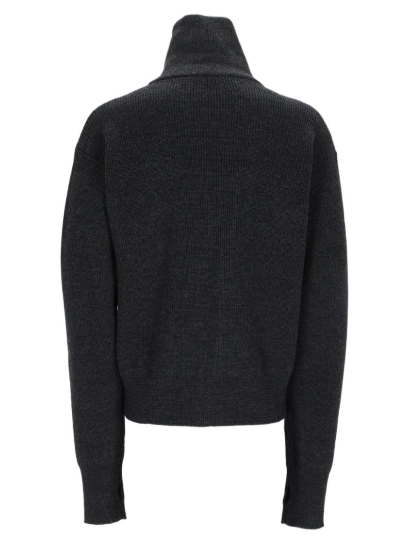Lemaire Black Wool Sweater With High Collar And Front Zipper