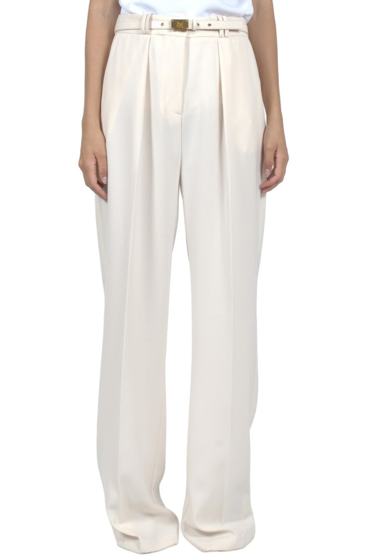 Elisabetta Franchi Cream Pleated Belted Wide-Leg Polyester Pants