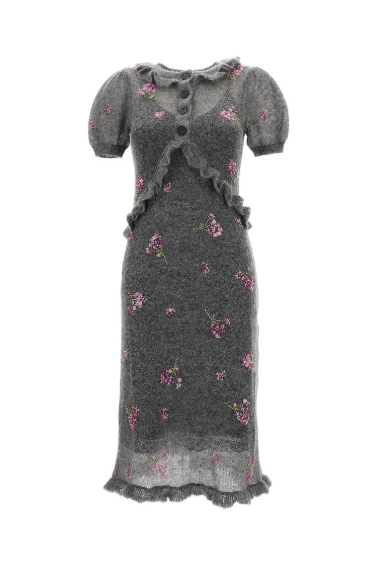 Shushu/Tong Floral Beaded Wool-Blend Lace Trim Pleated Midi Dress