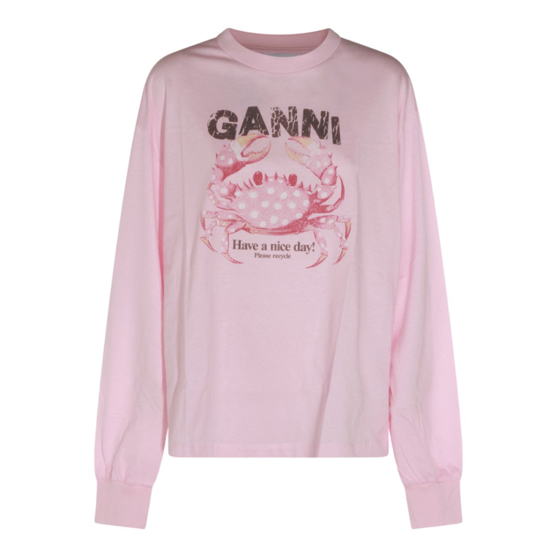 Ganni Relaxed Fit Pink Sweater With Graphic Print And Crew Neckline