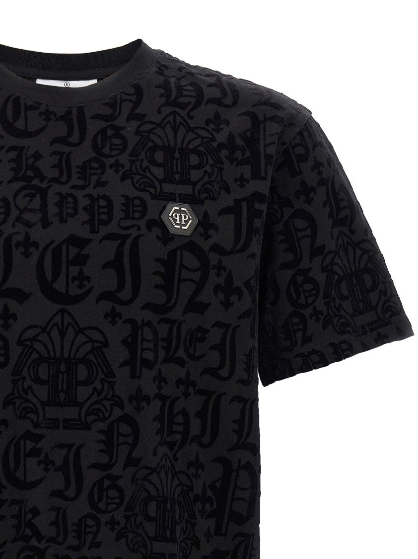 Philipp Plein Black Velvet Logo T-Shirt With Crew Neck