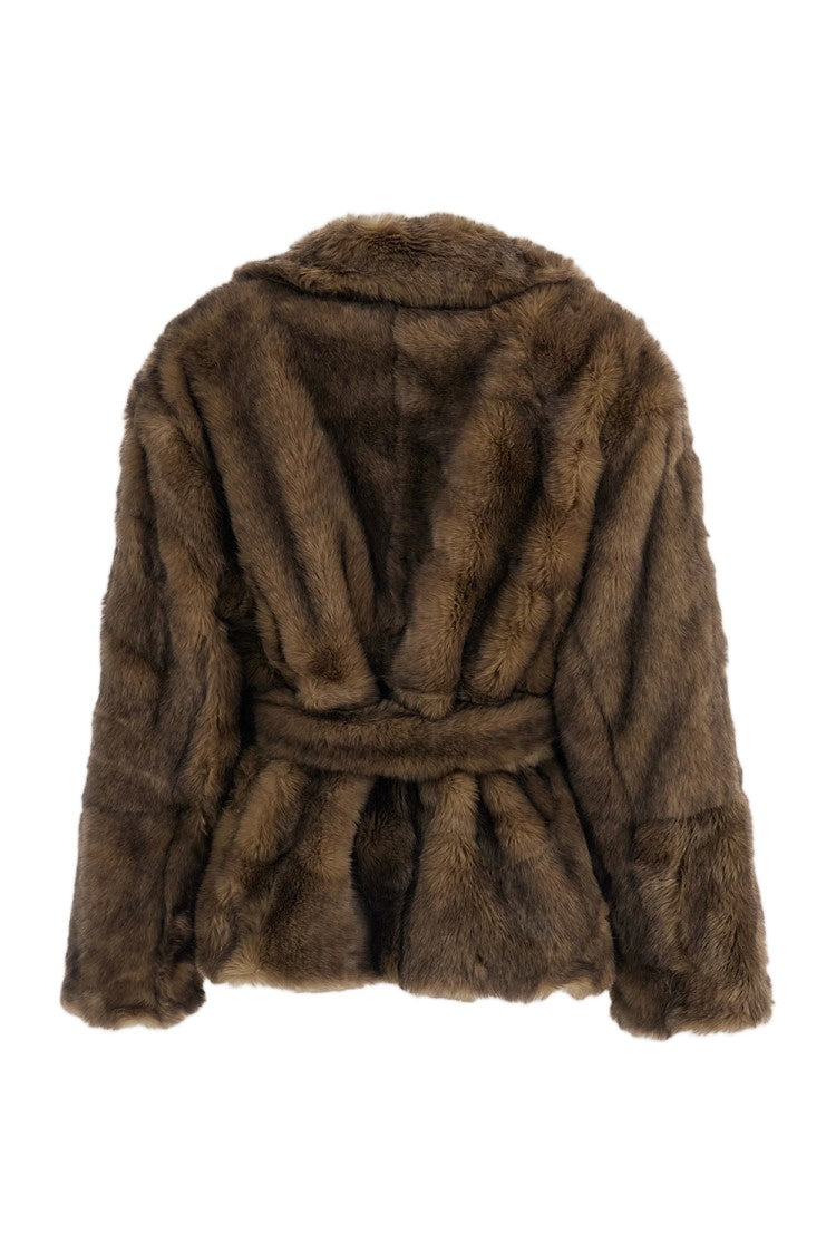 Stand Studio Beige Silena Robe-Style Soft Faux Fur Belted Jacket