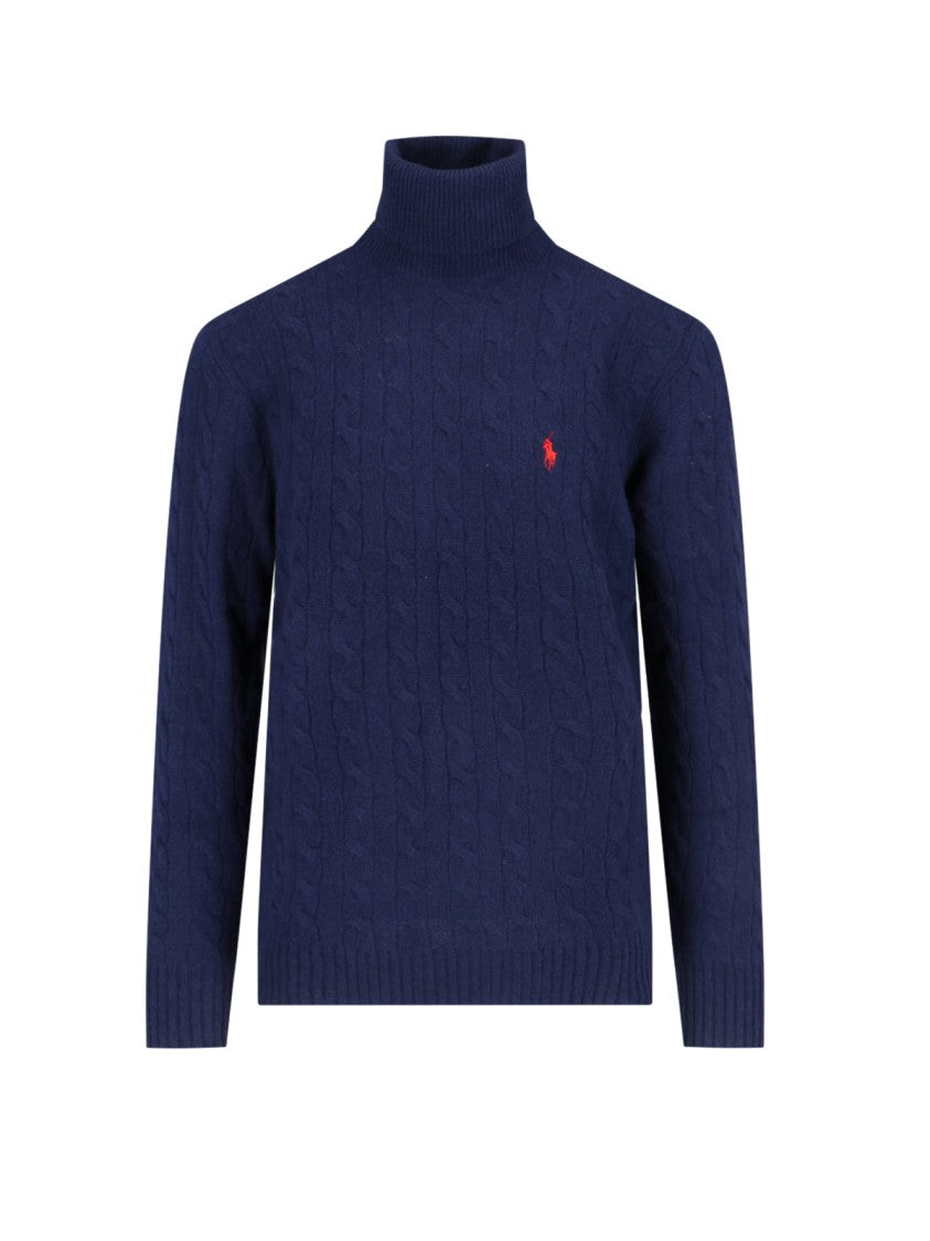 Polo Ralph Lauren Navy Blue Cable Knit Turtleneck Sweater With Embroidered Logo