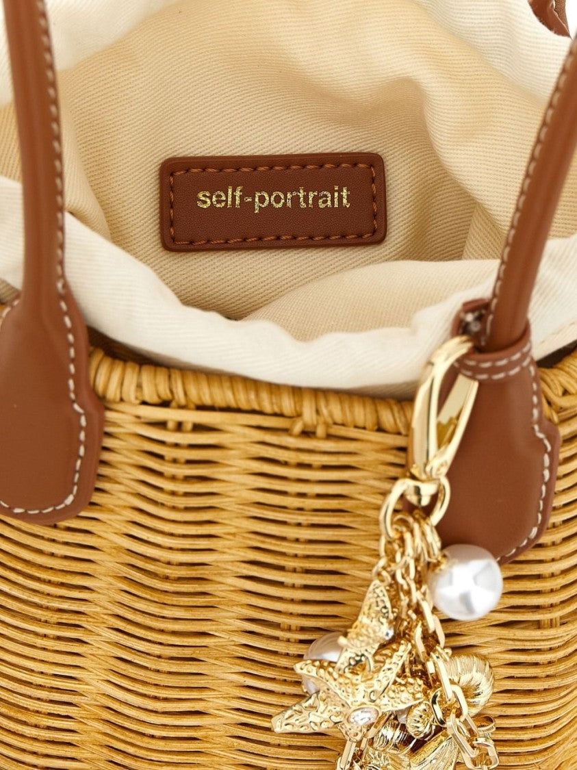 Self-Portrait Light Brown Woven Handbag With Drawstring Closure And Charm