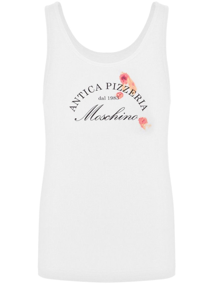Moschino White Fine Ribbed Racerback Slogan Tank Top