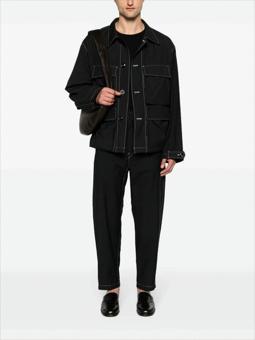 Lemaire Relaxed Fit Black Straight Pants With Belt Detail And Contrasting Stitching