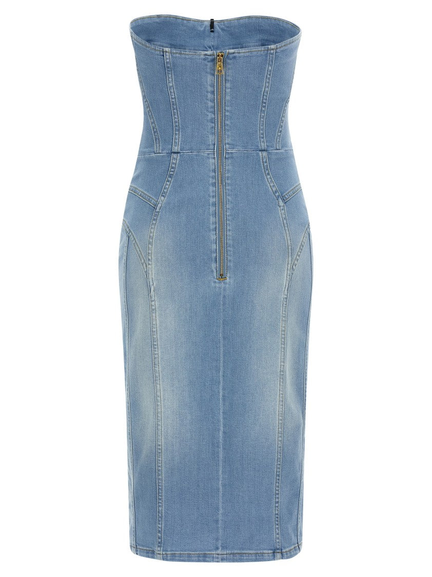Elisabetta Franchi Stonewashed Cotton Denim Midi Dress With Off-The-Shoulder Neckline