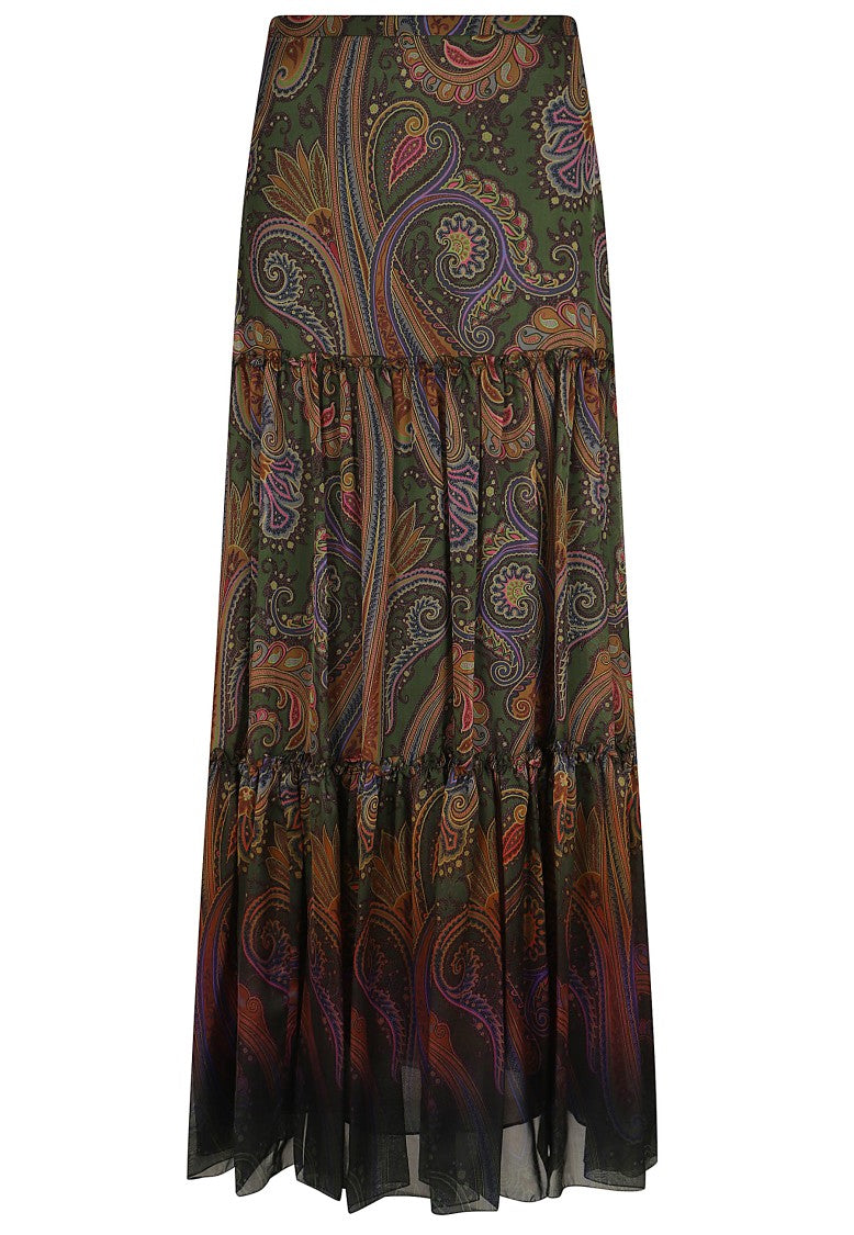 Etro Paisley-Patterned Long Silk Skirt With Ruffled Design
