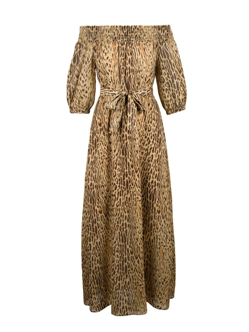 Liu Jo Brown Puff Sleeve Animal Print Polyester Maxi Dress