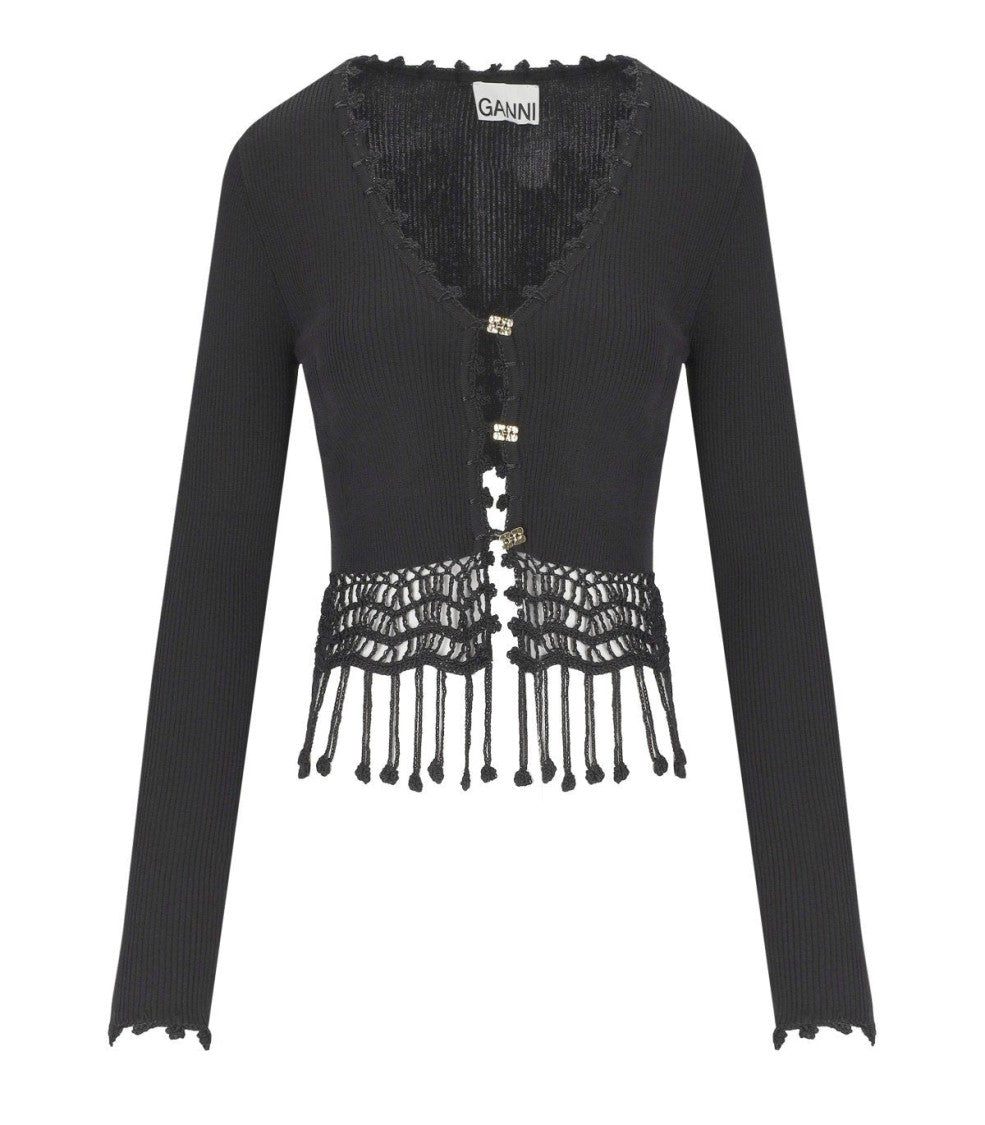 Ganni Black Crochet Cropped Cardigan