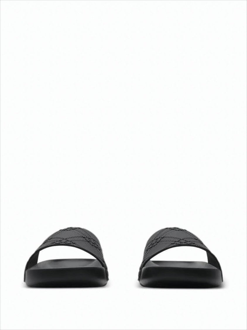Burberry Textured Black Slide Sandals With Blue Emblem