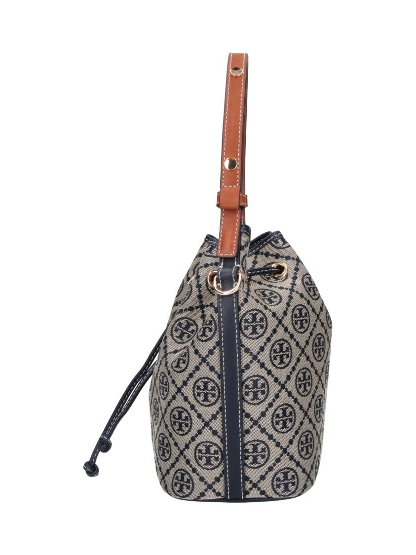 Tory Burch Blue T-Monogram Canvas Drawstring Bucket Bag